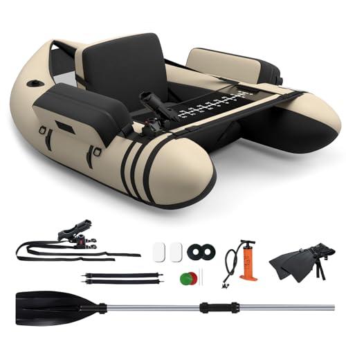 COSTWAY Belly Boat da Pesca Portatile, Gommone Gonfiabile da Pesca con Porta Canne Regolabile, Pompa, Pagaia in Alluminio, Spallacci e Kit di Riparazione, Barca da Mare con 2 Pinne, capacità 160kg
