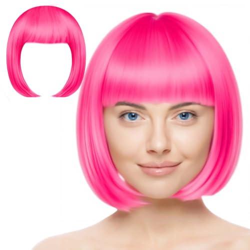 Aomig Set di 3 parrucche corte a caschetto rosso rosa con 2 retine, accessorio per travestimenti, cosplay, feste, parrucca sintetica liscia, per tutti i giorni e Halloween