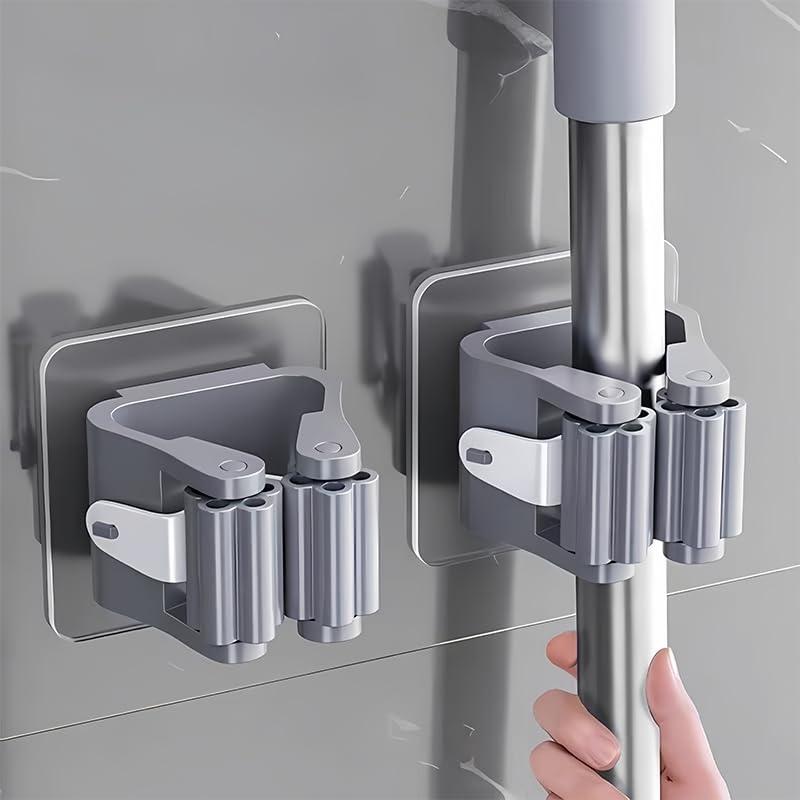 2 supporti da parete per scope, autoadesivi con impugnatura antiscivolo, strumenti di pulizia, gancio adesivo per giardino, garage, bagno, cucina, WC, grigio