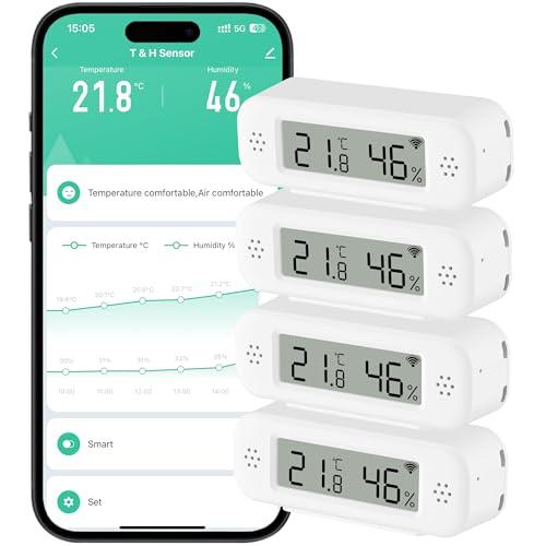 Comboss Termometro Igrometro WLAN interno, sensore di temperatura e umidità con allarme di notifica per applicazioni remote, esportazione gratuita dei dati, compatibile con Alexa (4 pezzo)