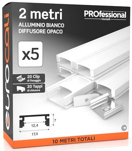 Eurocali 5x Profili da 2 metri (10mt) in Alluminio Bianco per Strisce LED Schermatura Opaca ingombro max striscia led 12.4mm - 17.4 x 7