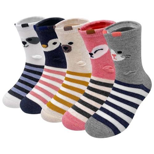 PUTUO Calzini Bambina Calze di Cotone: Calzini Bimba 27-30 Calzettoni Corte Bambini Calze Invernali Caldo Animali Divertenti 5-7 Anni 5 Paia Strisce
