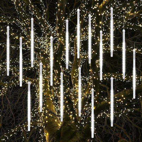 Vikdio Luci di Natale all'aperto, Pioggia di Meteoriti Luminosi 16 Tubi Spiralati (30cm 480 LEDs) Lunghezza di 5,25m, Luci ghiacciolo impermeabili per Decorazioni natalizie all'aperto, Bianco