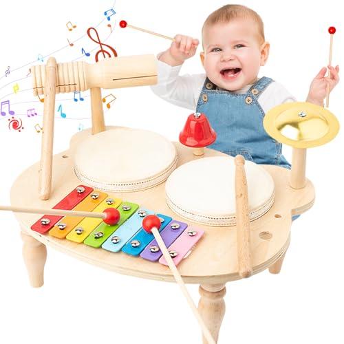 UCAMP Bambini Tamburo Bambino,Strumenti Musicali Batteria,Strumento Educativo A Percussione,10 in 1 Xilofono Giocattolo Musicale Legno,per Bambini Giochi Legno Regalo Bambino 1 2 3 4 5 Anni