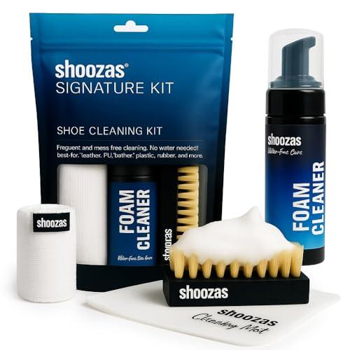 Shoozas - Kit di Pulizia Sneakers - Detergente in Schiuma, Tappetino Impermeabile, Spazzola e Asciugamano in Microfibra - Ideale per Pelle, Gomma, Plastica e Suole - Senza Acqua, Senza Tossici
