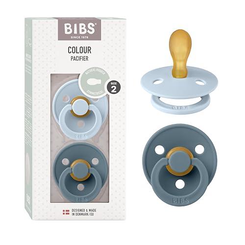 BIBS Colour Symmetrical, Set di 2 ciucci, succhietto senza BPA, Tettarella simmetrica. Lattice di gomma naturale, Prodotto in Danimarca/UE. Misura 2 (6-18 mesi), Baby Blue / Petrol