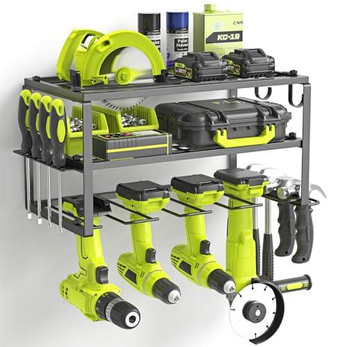 WELDUN Portautensili da parete, per utensili elettrici, per 4 trapani, con 3 scomparti e supporto per cacciavite laterale, per garage, officina
