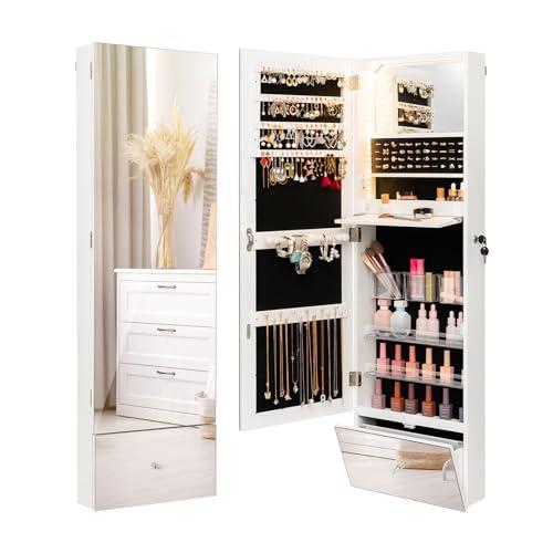 COSTWAY Armadietto Portagioie da Parete, Specchio Portagioie con Luci LED, Organizzer per Gioielli e Accessori, Specchietto Interno e Mensola Pieghevole, 4 Mensole e Serratura con Chiavi