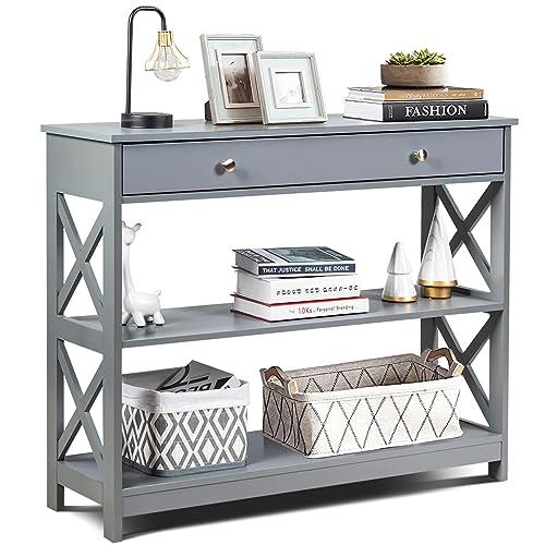 COSTWAY Tavolo Consolle con Cassetto, Tavolo da Ingresso a 3 Ripiani, Tavolino per Divano per Ingresso Soggiorno Camera da Letto, Stile Vintage Industriale (Grigio)