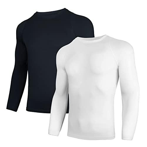 AMZSPORT 2 Pezzi Maglia Termica Compressione Uomo Manica Lunga Fitness T-Shirts Sport Baselayer Asciugatura Rapida Camicia, Nero Bianco M