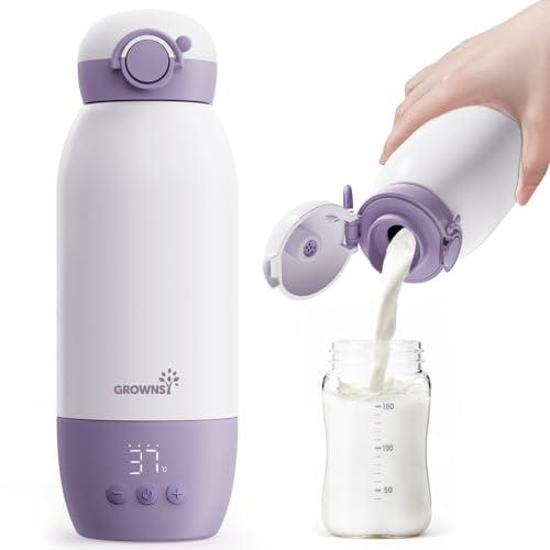 Scaldabiberon Portatile GROWNSY Bottle Warmer Riscaldamento Veloce Latte Materno & Formula, Controllo Temperatura Preciso, Batteria 10000mAh USB-C, Doppia Capacità 600ml