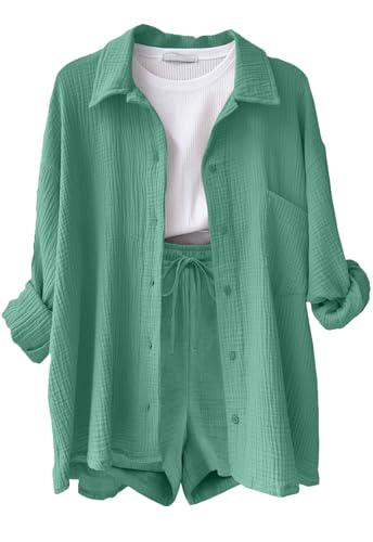 CheChury Completo Donna 2 Pezzi in Lino e Cotone Tuta da Donna Elegante Estivi Casual Tuta Estiva 2 Pezzi Set Camicia a Maniche Lunghe e Pantaloncini a Vita Alta con Coulisse Tasche Spiaggia Vacanza