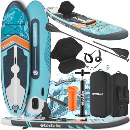 tectake® SUP Gonfiabile, Tavola Stand-Up Paddle Versatile, Materiale Drop-Stitch, 3 Pinne con Pinna Removibile, Pagaia in Alluminio Regolabile, Antiscivolo in Schiuma EVA - Turchese/Nero