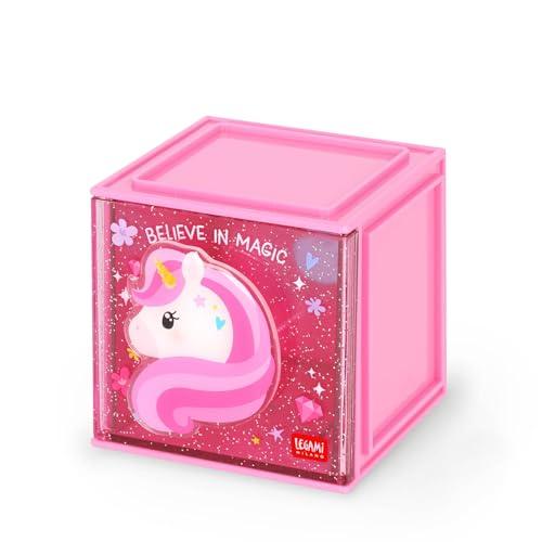 Legami - Box Componibile da Scrivania Cutie Cubes, Tema Unicorn, Organiser da Scrivania, Portaoggetti, Foglio di Adesivi incluso, Impilabile, Multifunzionale, in ABS, 90 x 90 x 100 cm
