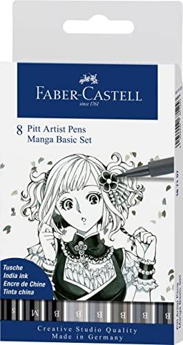 Faber-Castell 167107 Set Pennarelli, Astuccio con 8 Pennarelli, tra cui Punte Fini e Punte a Pennello, Colori Nero e Grigio, per Disegno di Precisione o Manga