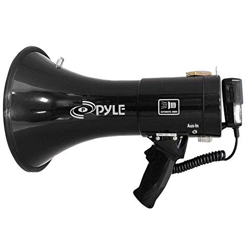 MEGAFONO PYLE PMP53IN NERO DA 50 WATT MAX CON FUNZIONE DI SIRENA UDIBILE FINO A 1000 METRI CON INGRESSO AUX JACK 3,5 MM E MICROFONO SEPARATO A FILO E CON CINGHIA DI TRASPORTO. FUNZIONA A BATTERIE O CON TRASFORMATORE A 12 VOLT