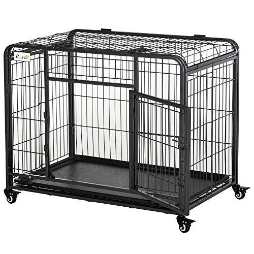 PawHut Kennel Gabbia per Cani Pieghevole a Doppia Porta con Blocco, Box per Cani con 4 Ruote con Freno e Fondo Rimovibile, 94x58x69.5 cm, Grigio Scuro