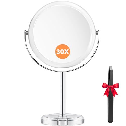 Auxmir Specchio Ingranditore 30X/1X, Specchio Trucco da Tavolo Bifacciale, Specchio da Bagno Rotazione a 360︒ Stile Retrò, Supporto Cromato, Bordo e Piedistallo Trasparente