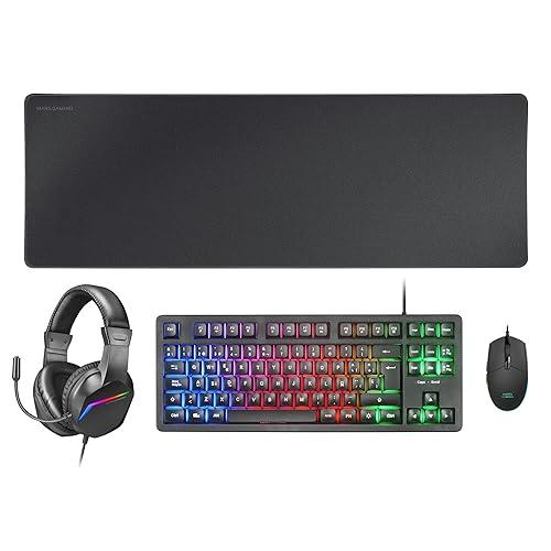 MARSGAMING MCP-RGB3, Pack Gaming Tastiera Fixed RGB + Mouse Gaming RGB Flow 3200 dpi + Cuffie Over-Ear RGB + Tappetino XXL, Nero, Lingua Italiana