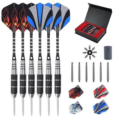 flintronic Freccette con Punta in Acciaio, 6 Pezzi Freccette Professionali Punta Acciaio, Freccette Punta Acciaio con Aste in Alluminio con O-Rin/Standard e Slim Alette/Affilatore per Darts/Custodia