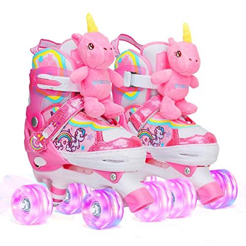 Pattini a Rotelle Bambina Bambola Unicorno Regolabili Pattini a 4 Ruote con Tutte Ruote LED per Bambina Ragazza Principianti Regalo di Compleanno Natale