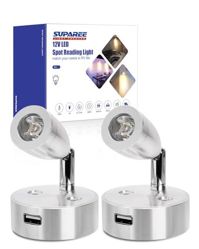 SUPAREE Luce da Lettura 12V per Camper Luce LED Camper dimmerabile Faretto LED 12v con presa USB Camper Dimmerabile 3200K con Interruttore Touch per Caravan Furgone Barca Camion Auto 2 Pezzi