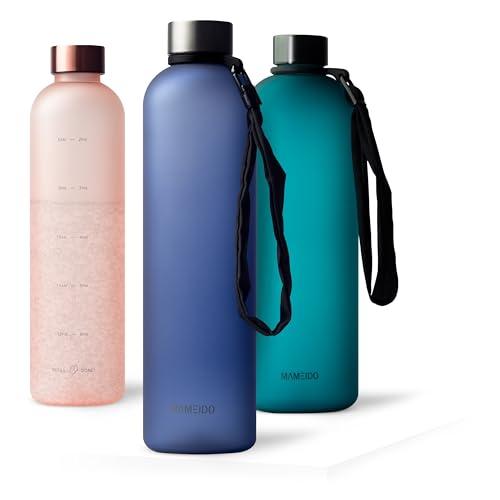 MAMEIDO Bottiglia acqua 1 litro, Borraccia plastica tritan a tenuta stagna, senza BPA, bottiglia motivazionale con orario (Sapphire Blue)