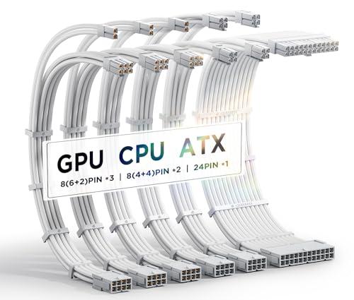 AsiaHorse Upgrade 16AWG PSU Cavi Sleeve PC, Alimentatore per GPU/CPU, Cable Management Computer con Pettini, 24 Pin/(6+2) Pin/(4+4) Pin, 30 cm, Bianco Puro