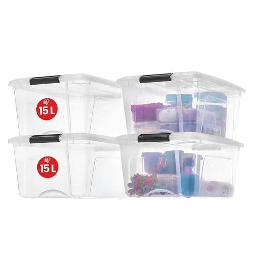 Iris Ohyama Scatole Portaoggetti in con Coperchio, 15L, Lotto di 4, Trasparente, Clip di Bloccaggio, Empilabile, Maniglia, Per Camera, Armadio, Ufficio, Organizzatore, Senza BPA, NTB-15