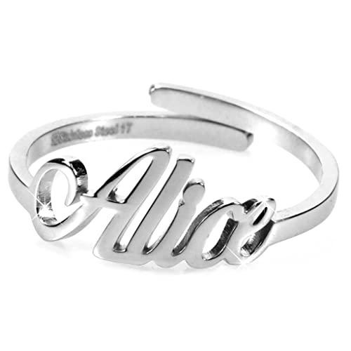 Flowers Anello Donna Con Nome in Acciaio inossidabile, Scritta Nome in Corsivo. Misura regolabile (Alice)