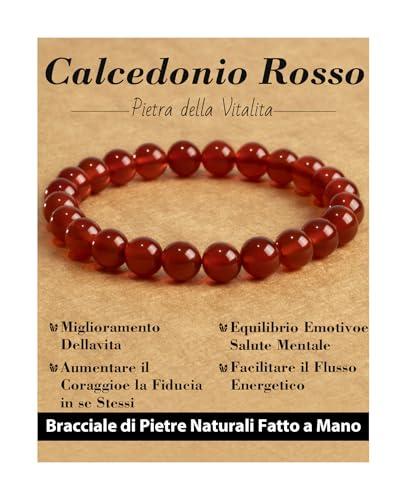 Landorilo Bracciale in Pietra Preziosa Naturale Fatto a Mano 19 cm Elastico per Donna Uomo, 8MM Pietre Gemme Rotonde Altamente Lucide Bracciali Yoga, Braccialetti Chakra Calcedonio Rosso