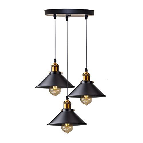 DELIPOP 3 Luci Lampade a sospensione Industriale, Vintage Metallo Lampadario in Stile Edison Attacco E27 Plafoniera da Soffitto per Cucina Caffè Bar, 22cm, Nero
