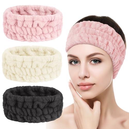 Flintronic Confezione da 3 fasce per capelli da donna, soffici per lavare il viso, morbida spugna, doccia, yoga, sport (bianco, nero, rosso anguria)