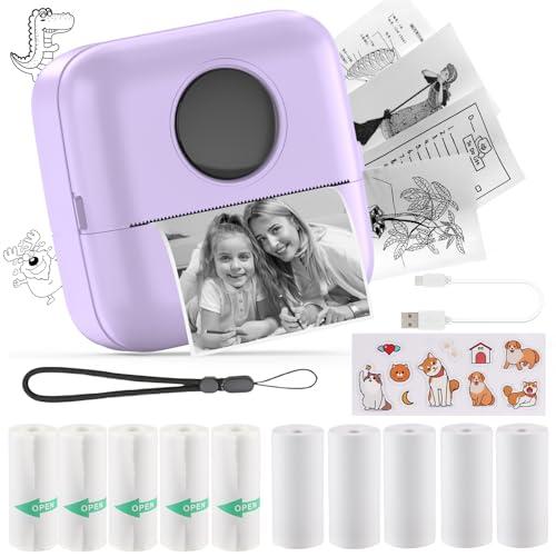 Mini Stampante Fotografica,Stampante Termica,immagine per foto, stampa di ricevute,stampante fotografica,con 10 rotoli di carta 1 adesivo per smartphone, per Fotografica Note Elenco Memo (Purple)