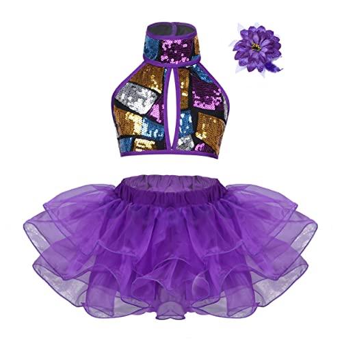 Mufeng 3 Pezzi Vestito Danza Classica Bambina Crop Top con Strass+tutù Gonna da Balletto a 2 Strati di Tulle +Pinze per Capelli Abito da Ballo Latino Dancewear Viola 7-8 Anni