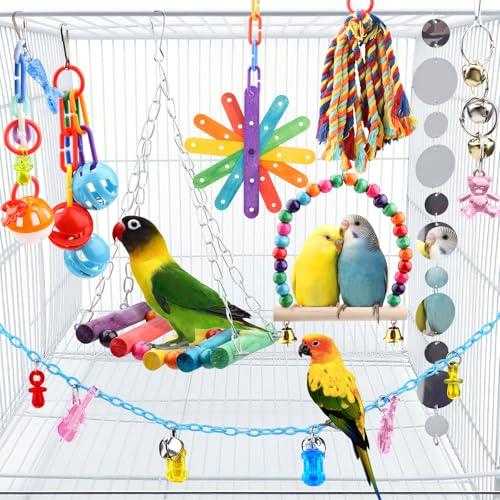 QUOZUO 9 pezzi Giocattoli per pappagalli, parrocchetti e cacatua, accessori per gabbia, corda per altalena, appesa, pertica in legno, giocattolo da masticare per pappagalli, cacatua, parrocchetti