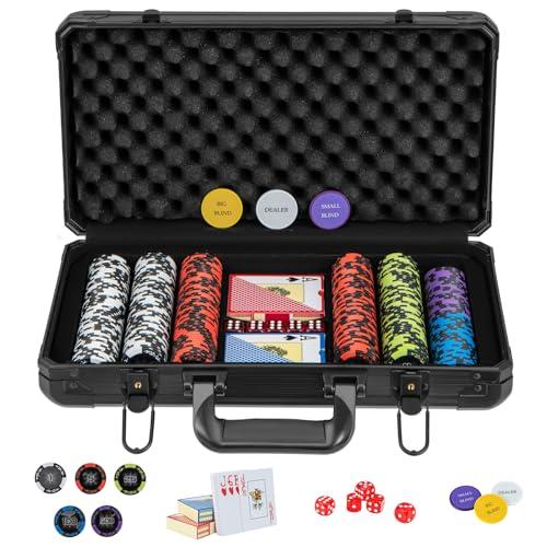 COSTWAY Poker Chips, Set di Fiches da Poker con 500/300 Chips e Custodia in Alluminio, Mazzo di Carte 5 Dadi, Set di Fiches per Party Viaggi e Feste (300 chips)