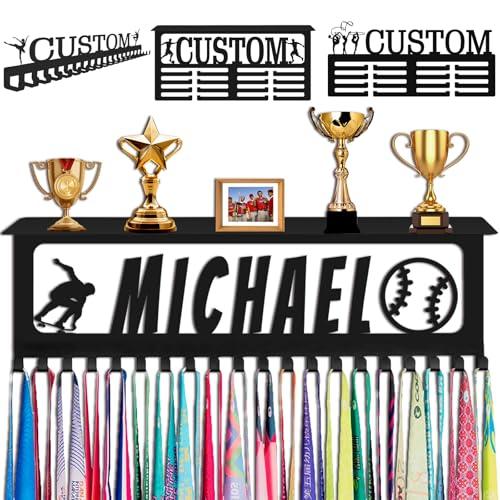Xiuyours Porta medaglie Personalizzato con Ganci per Nome, espositore per premi e Nastri, da Parete, per Ginnastica, corridori, Ragazzi, Ragazze, Bambini, Regalo Sportivo, espositore per medaglie in