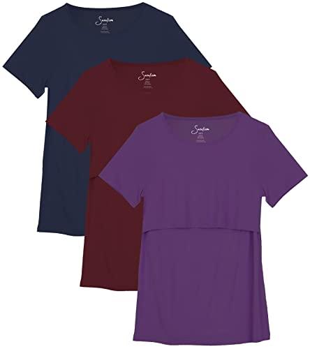 Sosolism Set da 3 Magliette da Allattamento Estate a Maniche Corte T-Shirt Casual per Gravidanza e Post-Parto per Donne Blu Marino, Rosso, Viola, Medio