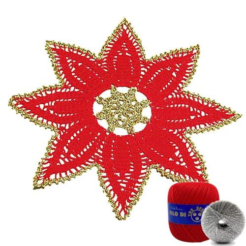 Centrino di Natale ad uncinetto Rosso con bordo Argento Lurex a forma di stella 35 cm (11NT) - Made in Italy