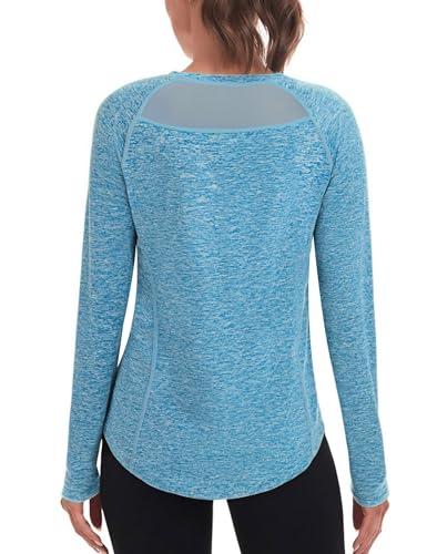 Wayleb Maglia Donna Sportiva Manica Lunga, T-Shirt Traspirante con Inserti in Rete sulla Schiena per Yoga, Corsa e Palestra – Blu Cielo - Back Mesh S