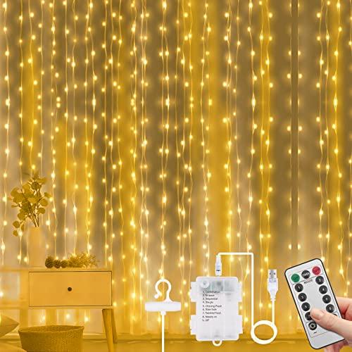 Vicloon Tenda Luci LED, 3Mx3M 300 LED Tenda Luminosa, Luci per Tende a LED con 8 Modalità Stringa Luce Catena, Cascata di Luci per Esterni, Interni, Natale, Camera da Letto, Giardino (Bianco Caldo)