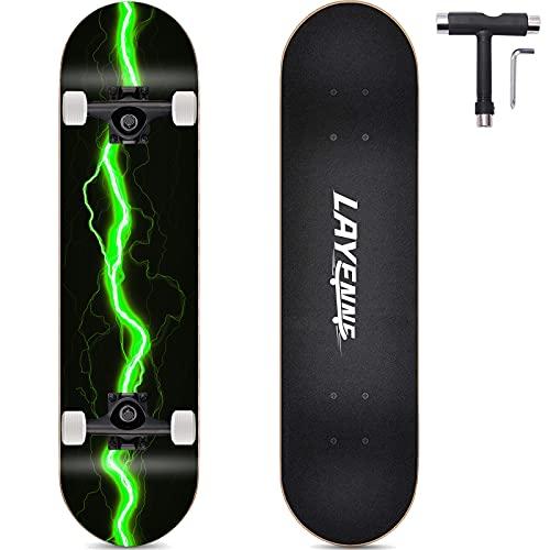 Completo Skateboard Professionale,tavola in acero a 8 strati,31'' x 8'' skateboard double kick deck concavo,Adatto per adulti, principianti, ragazzi, ragazze, adolescenti, bambini-green