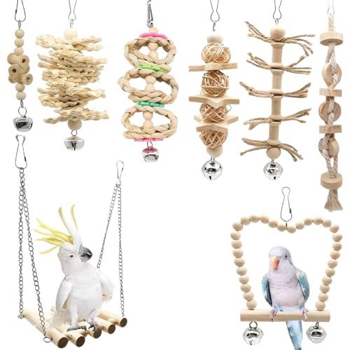 Giochi per Uccelli Pappagalli, 8 Pezzi Giocattoli Pappagallo, Altalena, Amaca, Campanelli, Giochi da Masticare Appesi per Gabbia Uccelli, Per Pappagallini, Ara Piccoli e Uccelli di Media Taglia