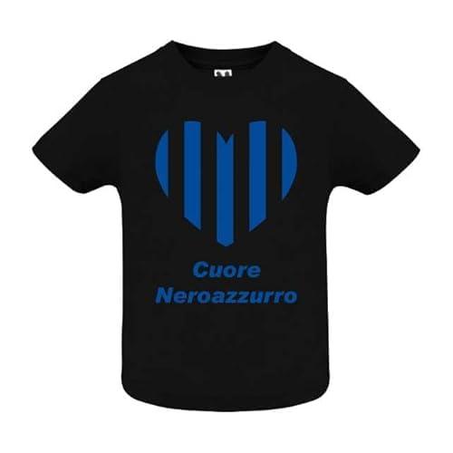 T-shirt in cotone adatto a tifosi di calcio con cuore neroazzurro per neonati, bambini ed adulti (Neonato, Nero, 12 mesi)