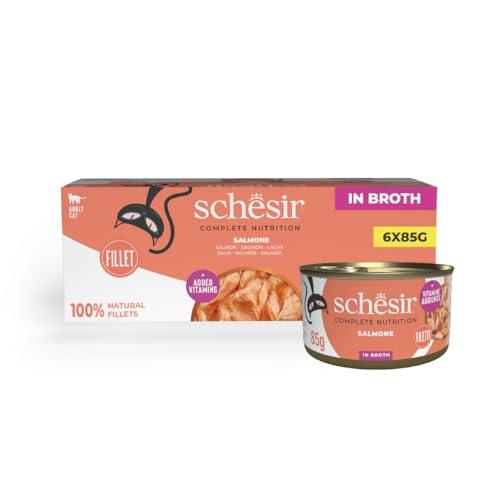 Schesir, Salmone in Brodo, Cibo Umido Completo per Gatti, Con Vitamine Aggiunte, 100% Naturale, 6 lattine da 85g
