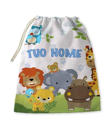 Sacca Asilo Sacchetto porta bavaglini tovagliette ecc Scuola Materna/Elementare, Nido,Sport, personalizzato con nome regalo inizio scuola (AnimalI della foresta leone ippopotamo giraffa orsetto gufo)