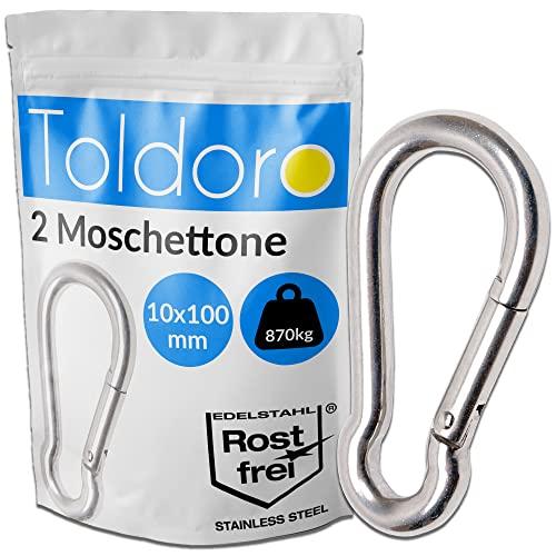 Toldoro® 2x Moschettone acciaio inox 10x100mm / Moschettone multifunzione per altalena, campeggio o slackline/Carabiner/Set di moschettoni grande