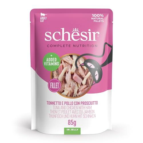 Schesir, Tonnetto e Pollo con Prosciutto in Gelatina, Alimento Umido Completo per Gatti, in Busta, Ingredienti 100% Naturali, Cruelty Free, 12 x 85g
