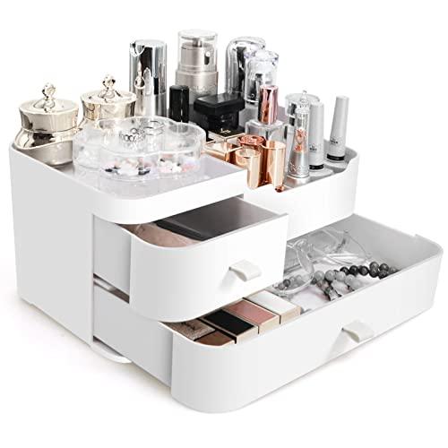 Porta Trucchi Organizer Trucco, Contenitori Bagno per Makeup Skincare con Cassetti - Portatrucchi Grande Organizzatori Cosmetici in Plastica per Creme Pennelli Accessori da Donna, Bianco